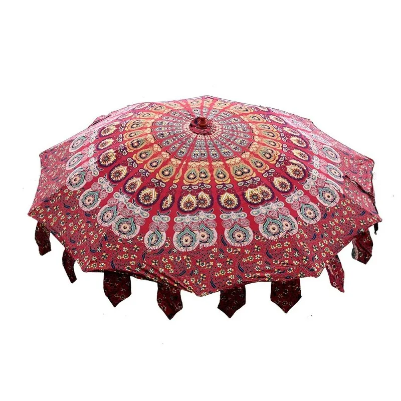 Indian Garden Umbrella Red Ombre Mandala Cotton Terrace Outdoor Large Sunshade Umbrella （Base Stand Not Include）