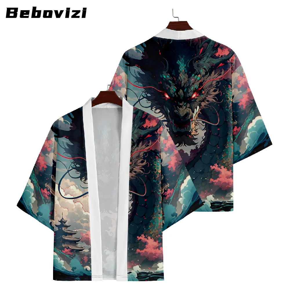 

Bebovizi Japanese Anime Dragon Print Traditional Style Kimono Casual Women Cardigan Yukata Streetwear Men Asian Clothing