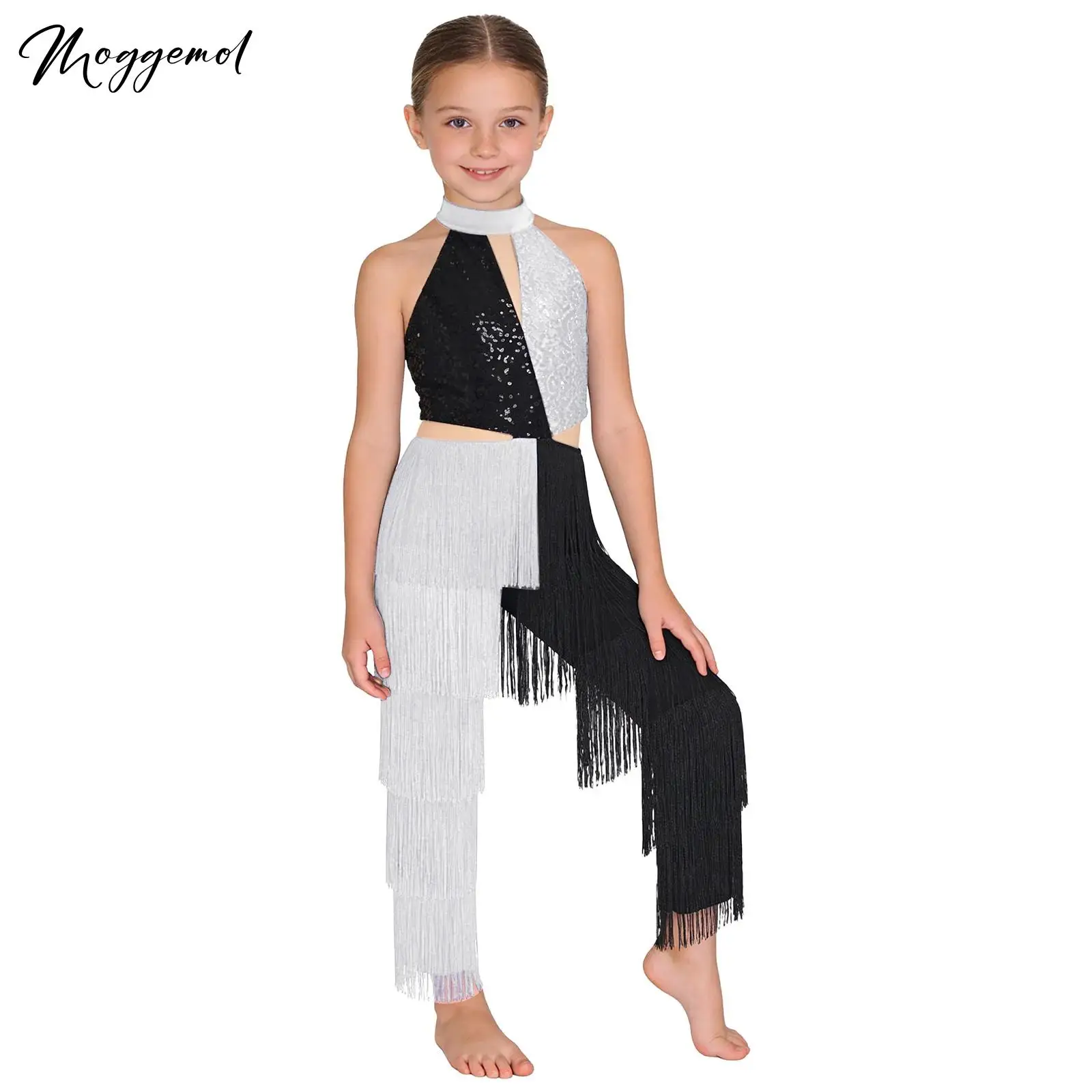 Girls Latin Dance Costume Shiny Sequin Tassel Samba Jumpsuit Halter Sleeveless Cutout Back Ballroom Cha-cha Tango Bodysuit