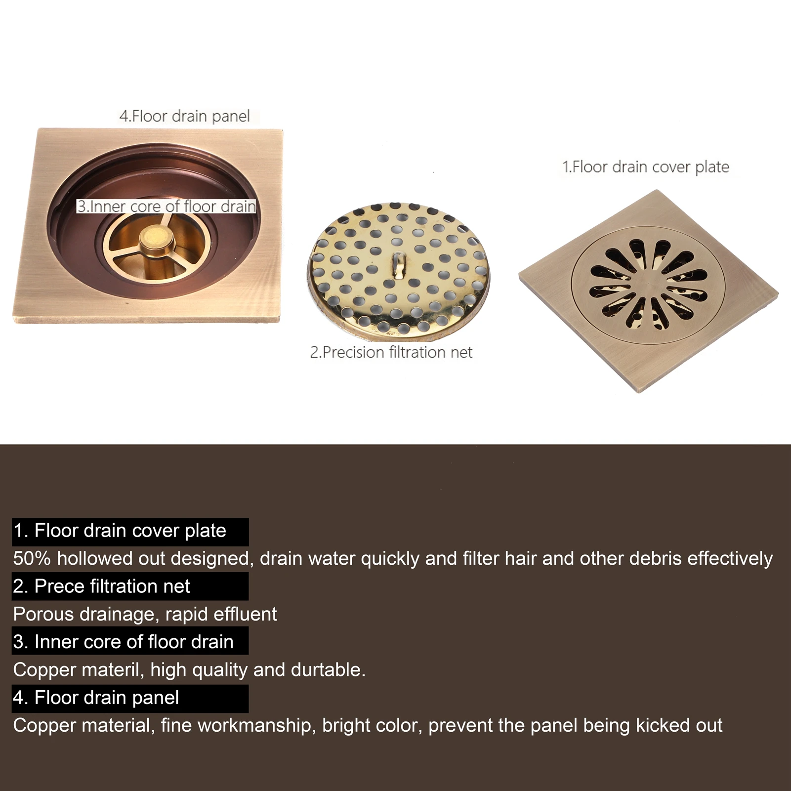For European Antique Copper Shower Drain Bathroom Toilet Accessory Drainage System Bathroom Drain Floor Drain Set