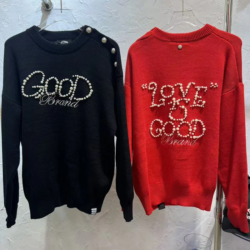 

Свитер хорошего бренда, классический модный вязаный пуловер с жемчужной буквой и пряжкой на одно плечо для мужчин и женщин, свободные свитера в одном стиле