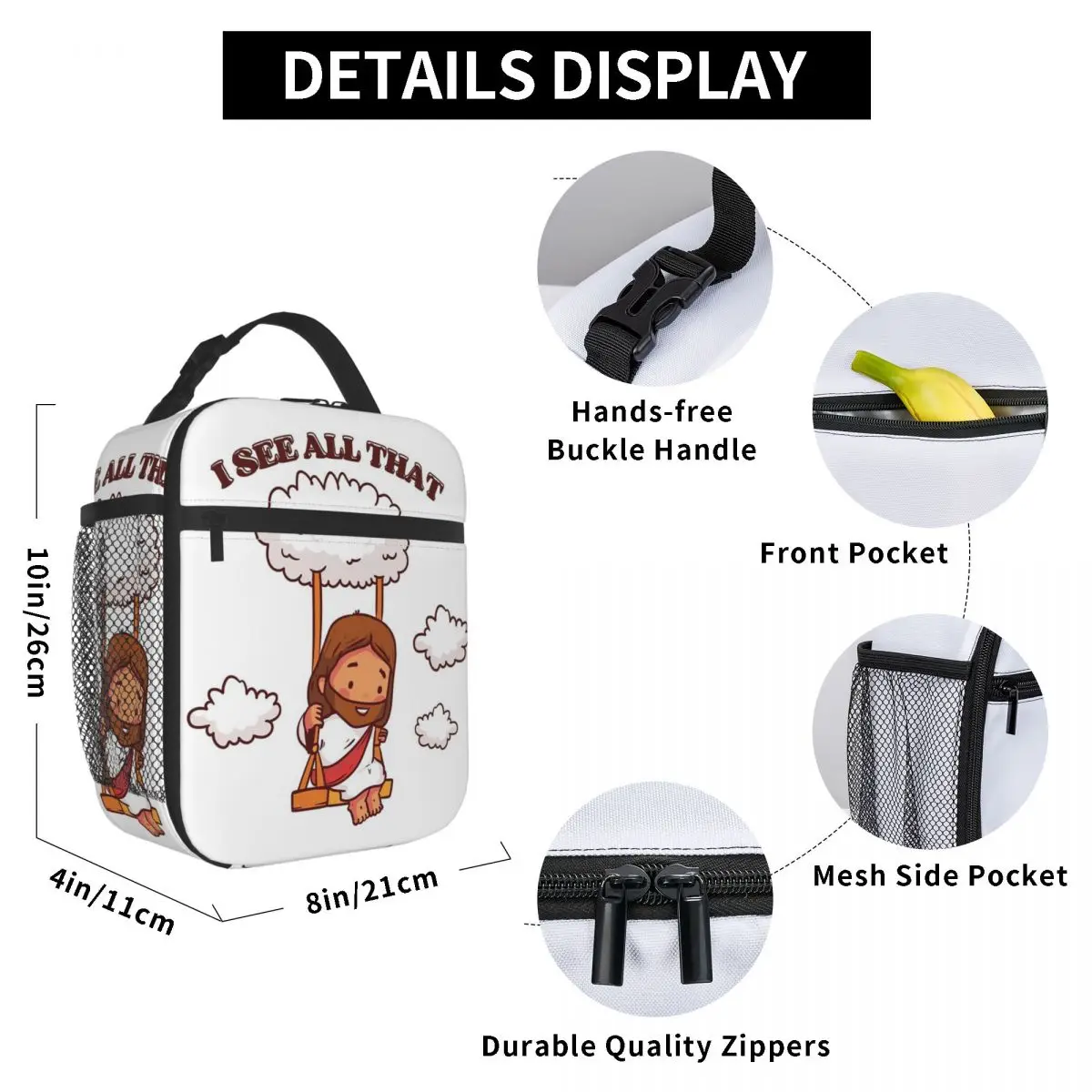 I See All That Cute Jesus On A Cloud Swing Insulated Lunch Bag for Kids School Cooler Thermal Food Box Tote Lunch Boxes