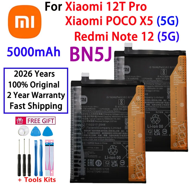 

2026 лет, 100% оригинальный аккумулятор 5000 мАч BN5J для Xiaomi Redmi Note 12 5G/12T Pro/POCO X5 5G, аккумуляторы для мобильных телефонов Bateria