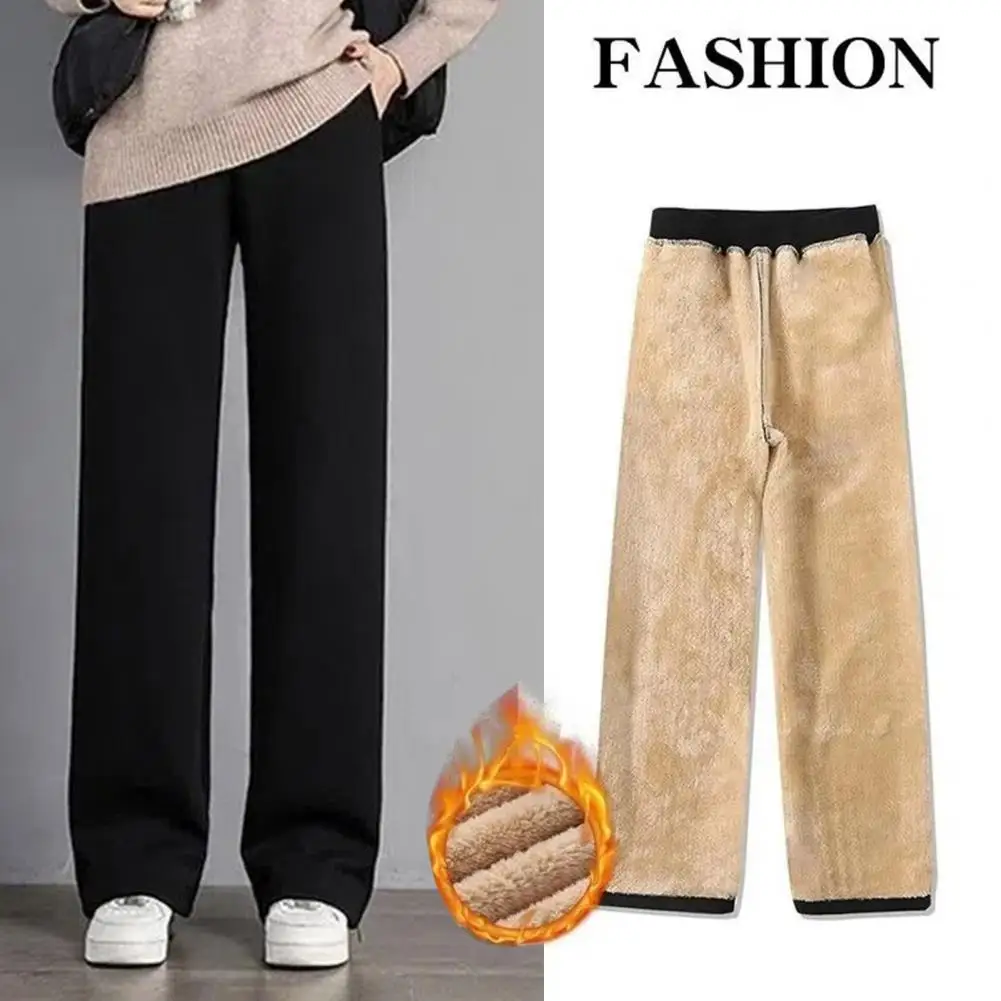 Fleece Lining Pants Cozy Winter Women's Fleece Lined Pants Elastic High Waist Wide Leg Trousers for A Stylish Comfortable Season