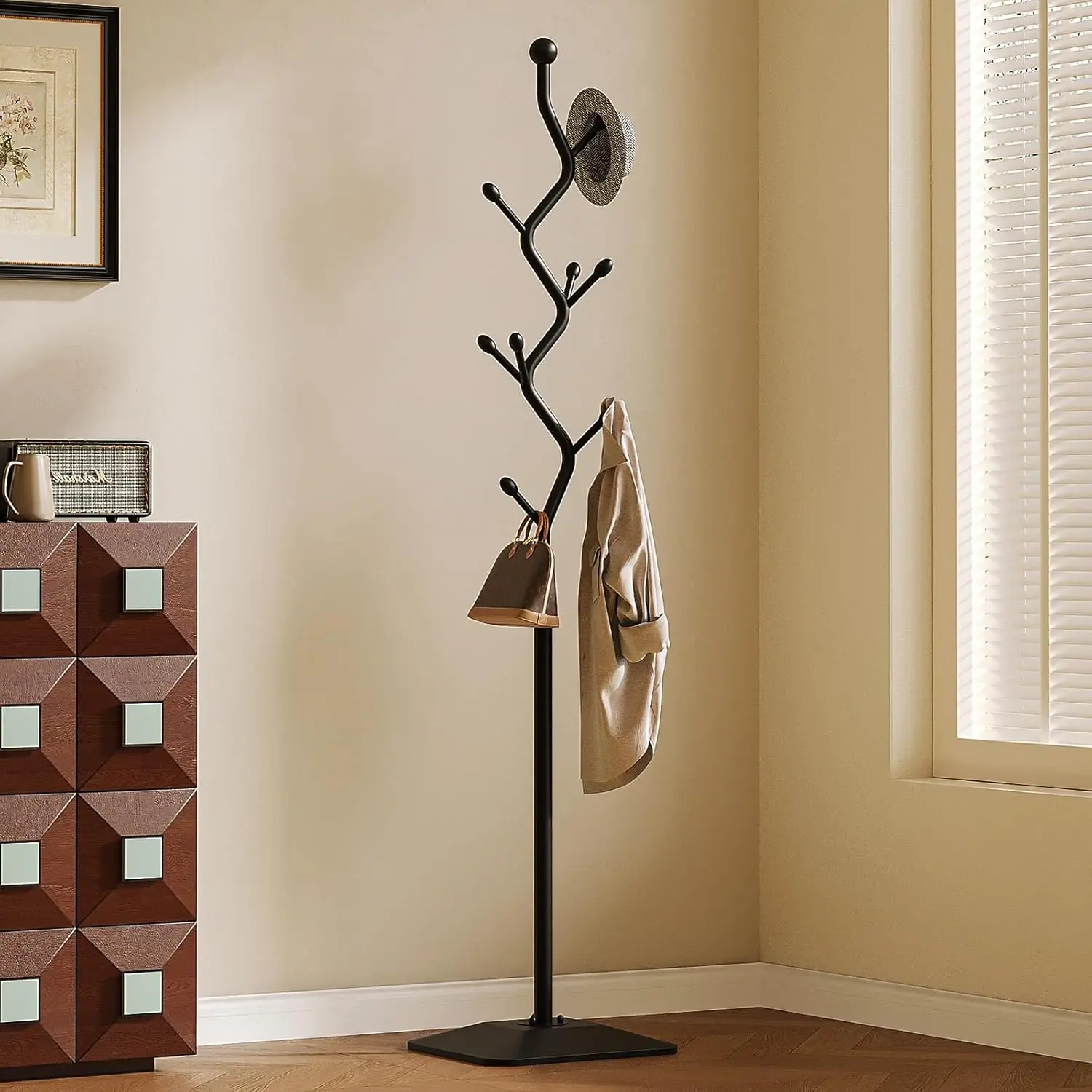 

Coat Rack Freestanding Metal Coat Tree with 8 Hooks, Creative Design Tree Branch-look, Standing Coat Rack Coat, Customized