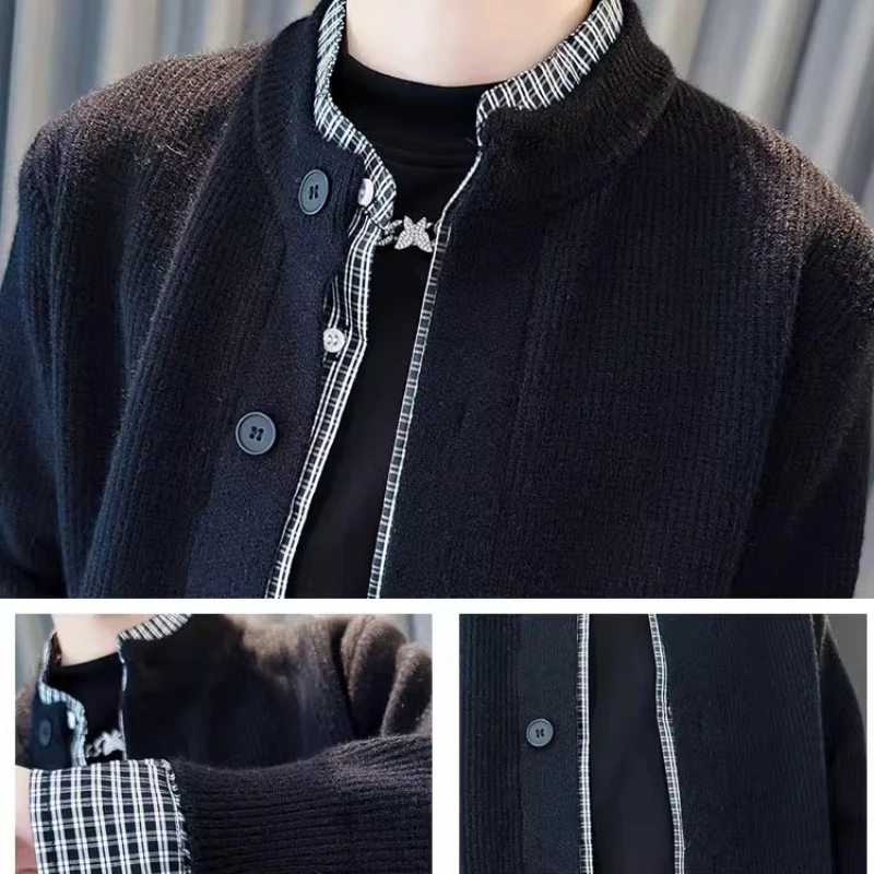 เสื้อสเวตเตอร์คาร์ดิแกนผู้ชายแบบสองชิ้นปลอมสำหรับฤดูใบไม้ร่วงและฤดูหนาว เสื้อถักคอตั้ง กระดุมแถวเดียว สไตล์ลำลองและธุรกิจ