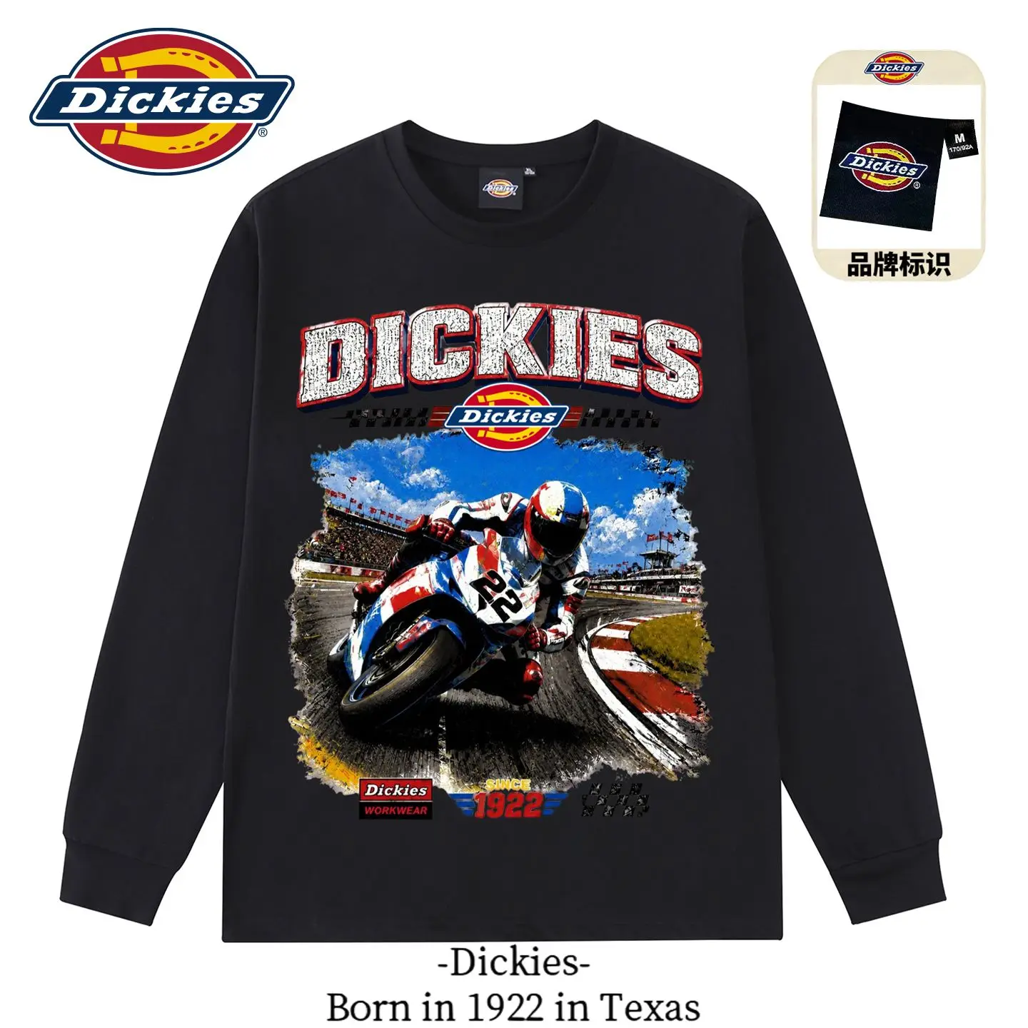 Dickies New Biker Style Couple Pure Cotton Long Sleeve T-Shirt, American Streetwear Crewneck Casual Top for Men Women