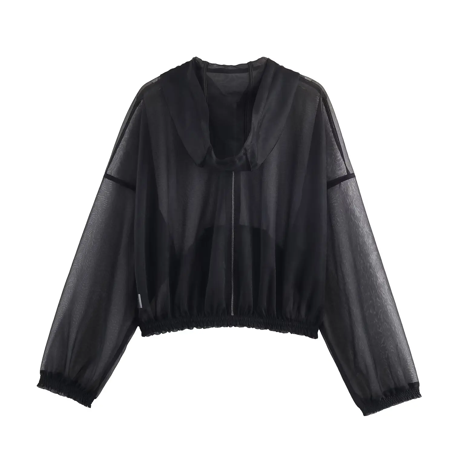 

Topenomi Black Hooded Jacket Women 2025 Autumn Micro Transparent Long Sleeve Short Coats Simple Versatile Zipper Tops Vintage