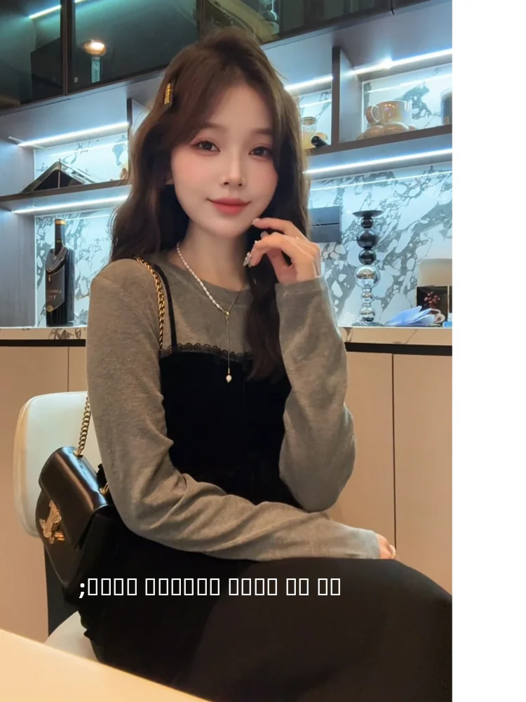 

Xuanxuanchen Velvet T-irt Unique Beautiful Base Layer Top for Women Autumn Season Fake Two-Piece Casual Sle Long Sve r...