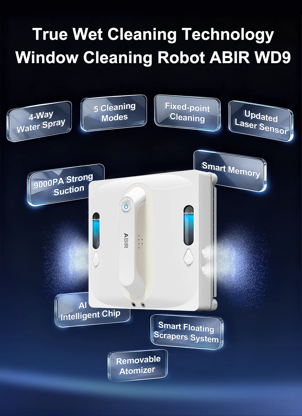 Robot Window Vacuum Cleaner ABIR WD9,4-Way Water Spray, Laser Sensor,9000PA Suction, Low Nosise,Wet Dry Scrape & Wipe in One