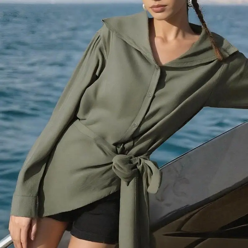 

Ele Long Sve Pure Color irt Women's Belted Waist Tie Top Faionable Loose Fit Turn-down Collar Office Sle Thin Ma...