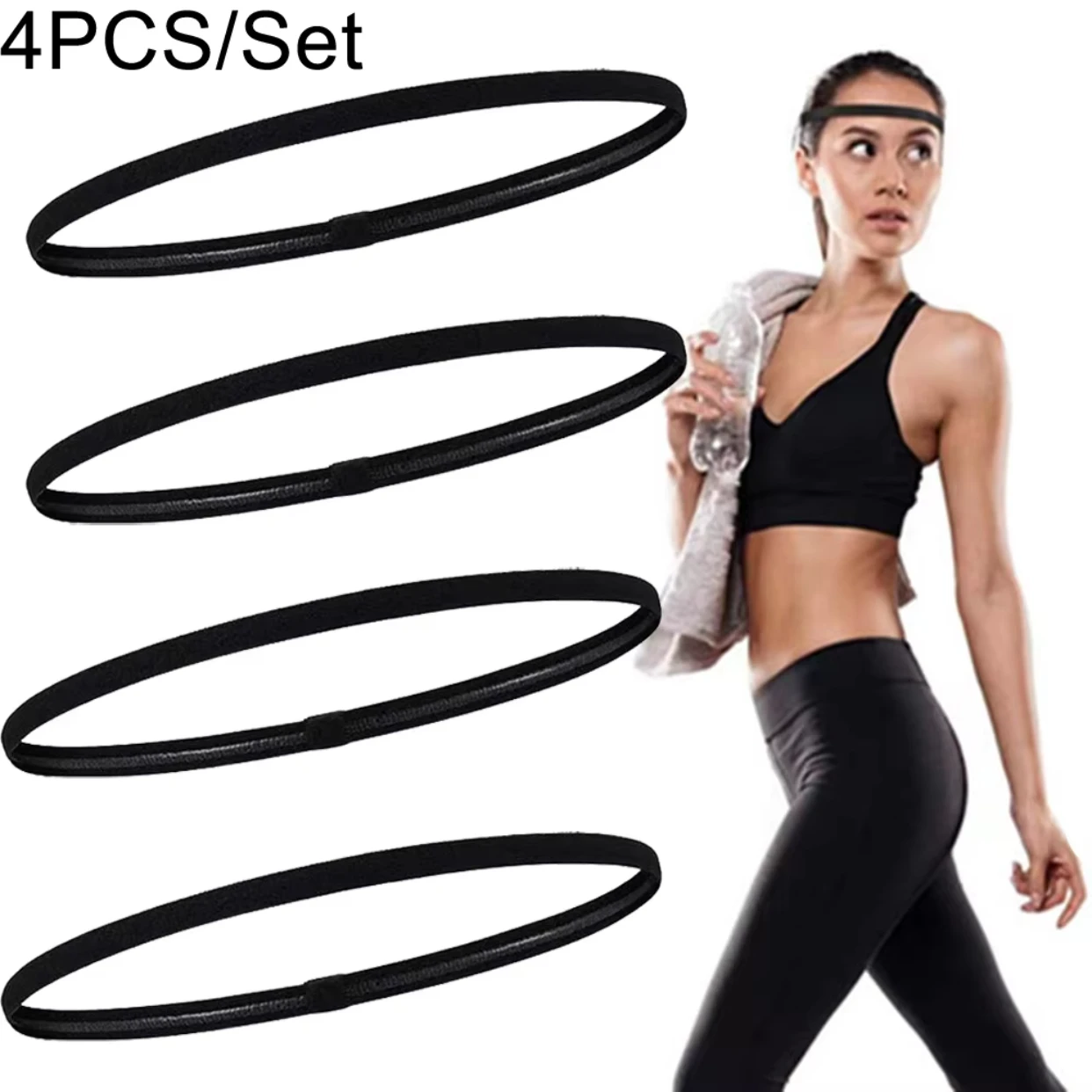 4 Pieces Non-Slip Elastic Sport Headband Black Stretchy Hair Band Sports Yoga Running Headband For Women Girls image 2