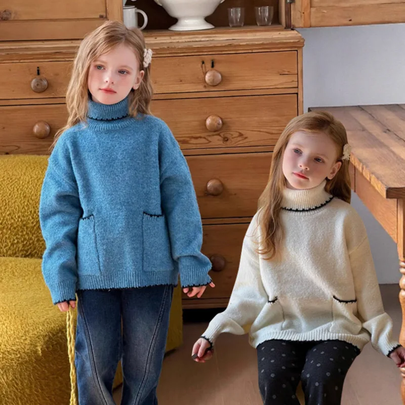

2025 Autumn Winter Girl Casual Children Clothes High Neck Sweater Base Shirt Inner Wear 2-10 Years Toddlerjumper Pullover Outfit