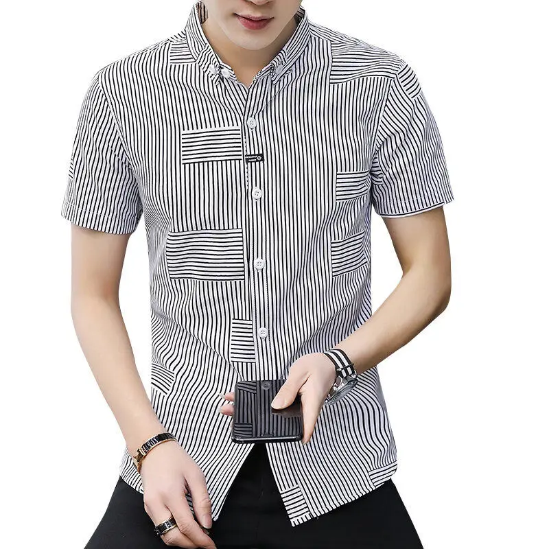 2024new Summer Fashion Korean Stripe Print Fashion Brand Short Sleeve Flip Collar Business Slim Fit Men\'s Professional Shirt