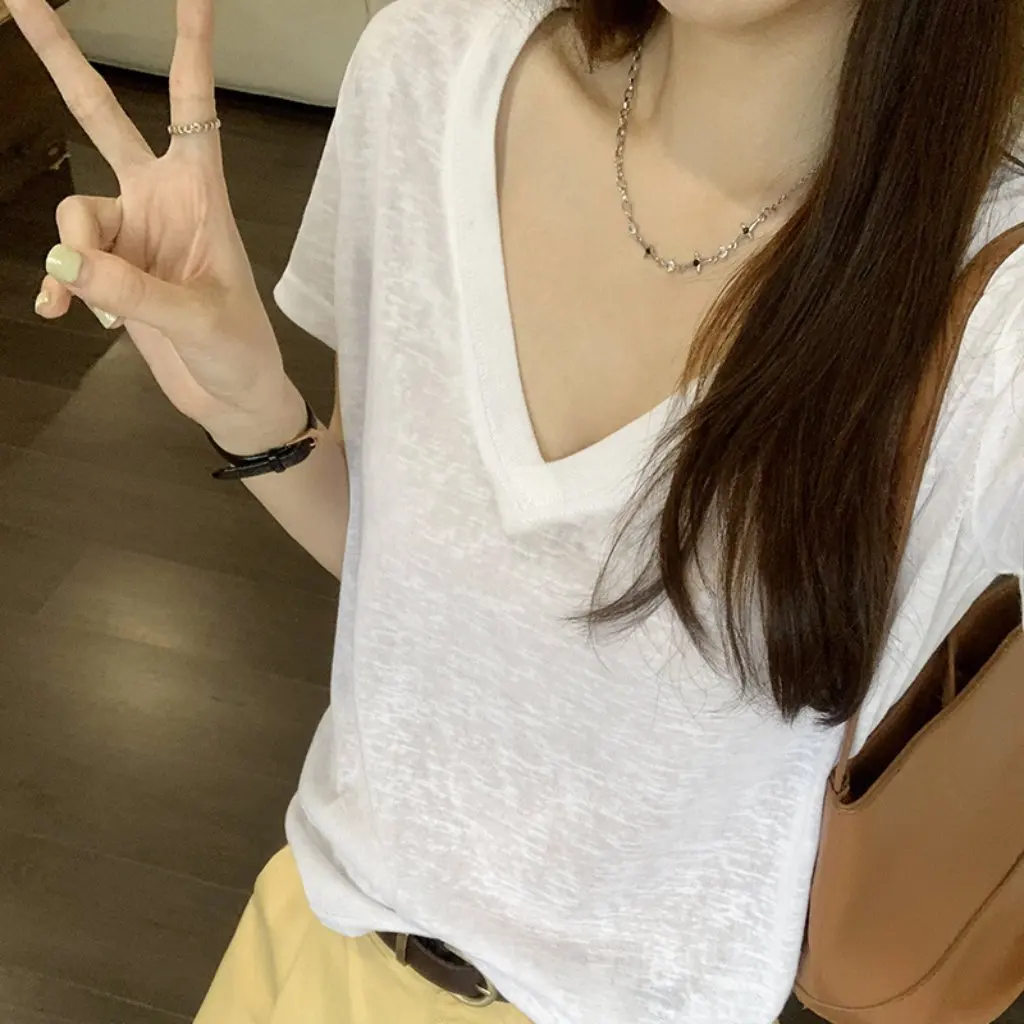 

Свободная футболка в корейском стиле с v-образным вырезом для женщин, летняя льняная футболка с короткими рукавами и принтом снежинок, повседневный расслабляющий топ, модная мода для девочек