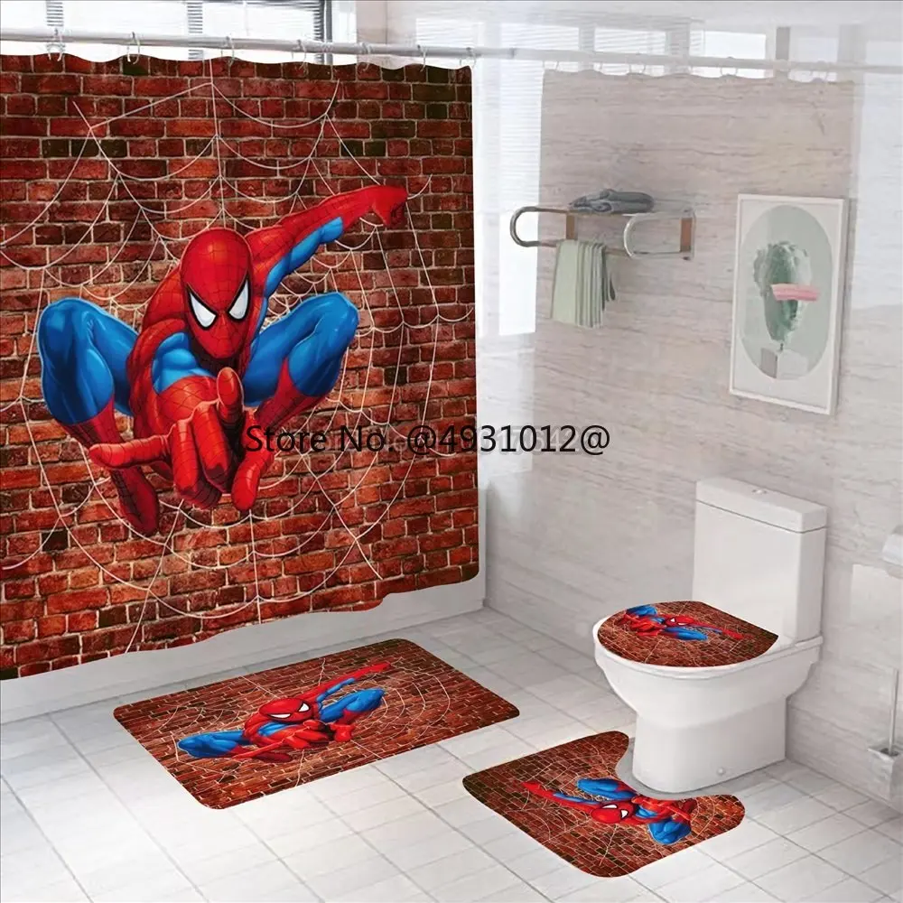 Anime Avengers Spiderman Shower Curtain Carpet Toilet Cover Cartoon Bath Mat Rug Pad Set Bathroom Decor Kids Gifts