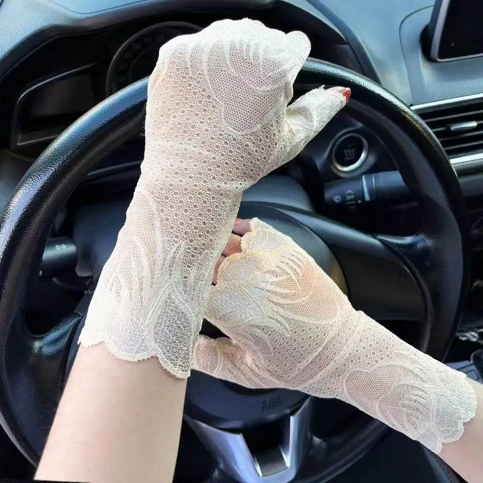 

Lace Sun Protection Half Finger Gloves Thin Driving Ladies Elastic Scar Covering Tattoo Matching Spring Summer Fashion Access...