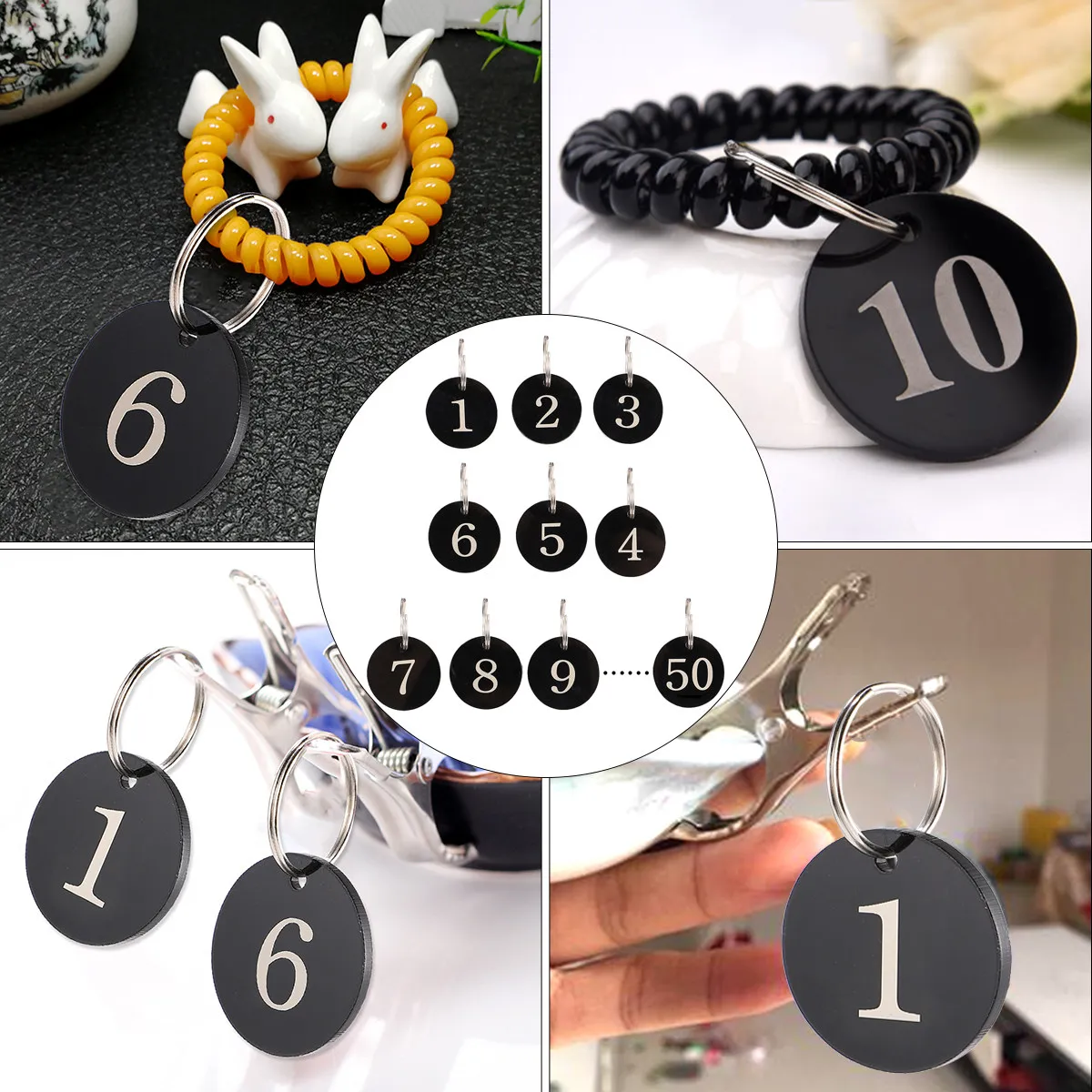 50Pcs Number Tag Rings Black Acrylic Round Tags Suitable Hotel Restaurant Supermarket Key Tags Efficient Management