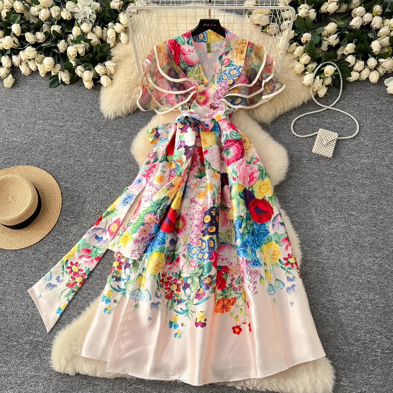 Runway Floral Long Maxi Dresses Women 2025 Summer Holiday Ruffles Sleeve Lace Up Bow Belt Printed Evening Party Vestidos