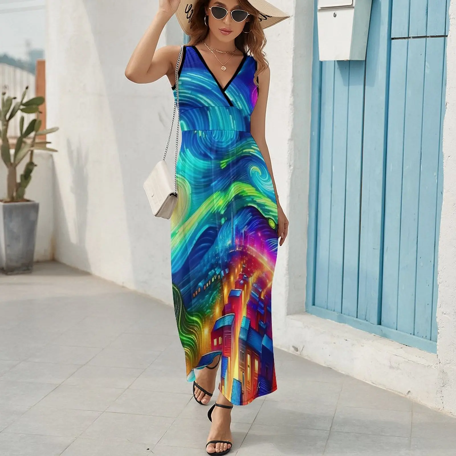 Colorful Starry Night Print Dress  Beach Maxi Dress V Neck Graphic Bohemia Long Dresses Street Fashion Oversized Vestido