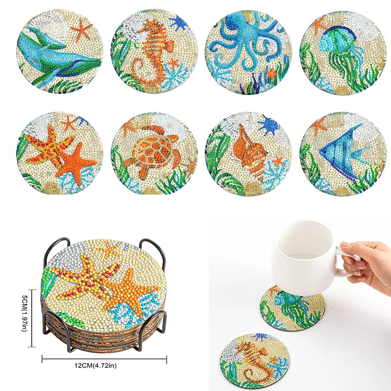 

8 Pcs/sets Diamond Painting Coasters with Holder Ocean Diamond Art Coasters DIY Crafts for Adults Small Diamond Painting Kits