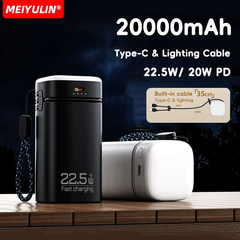 20000mAh Large Capacity Power Bank Mobile Battery 22.5W Type-C Cable Fast Charging External Charger for iPhone 16 Samsung Xiaomi