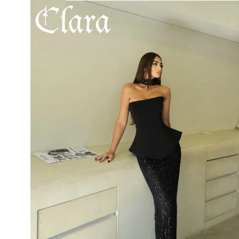 فستان سهرة من كلارا مخصص بالترتر الأسود بدون حمالات ووشحة من الساتان بطول الأرض بدون أكمام فستان زفاف 2025