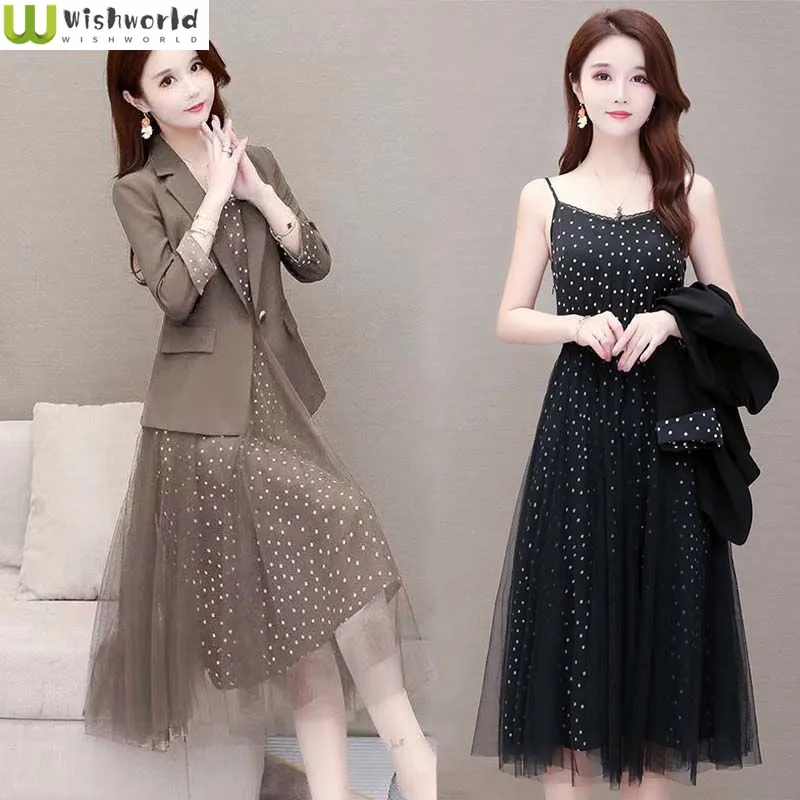 

Fashion Women's Set Spring and Autumn Season New Korean Edition Age Reducing Suit Top+Polka Dot Sling Dress Two Piece Set