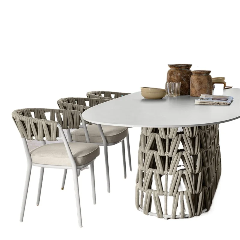 Outdoor villa terrace rock slab dining table garden courtyard rattan tables and chairs waterproof and sunscreen