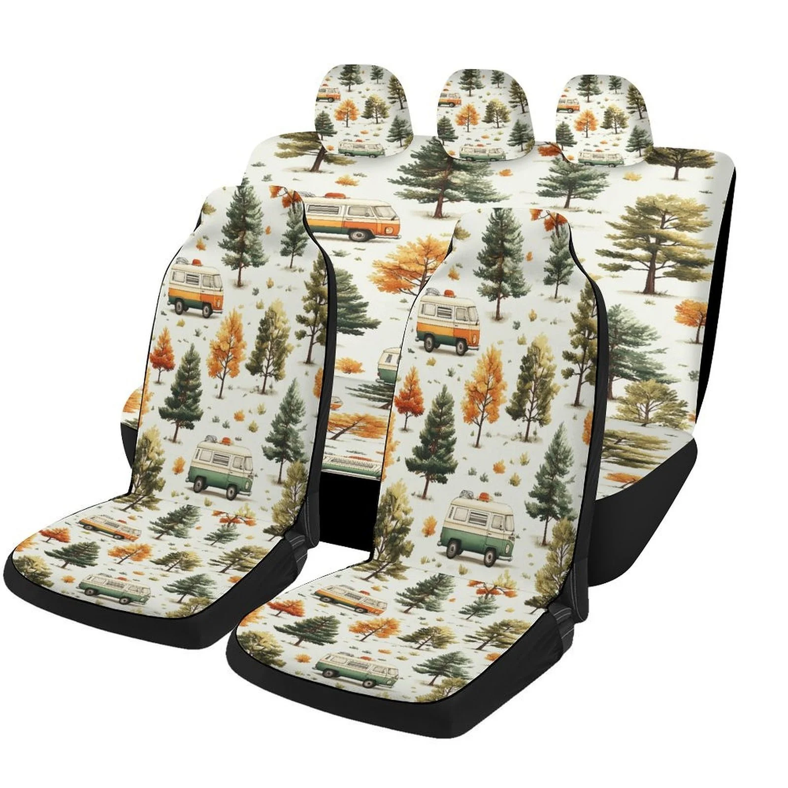 Forest Van Adventure Themed Car Seat Cover Set - Trendy High-Quality Polyester Full Set For 2 Front & Rear Seats, Fashionable De
