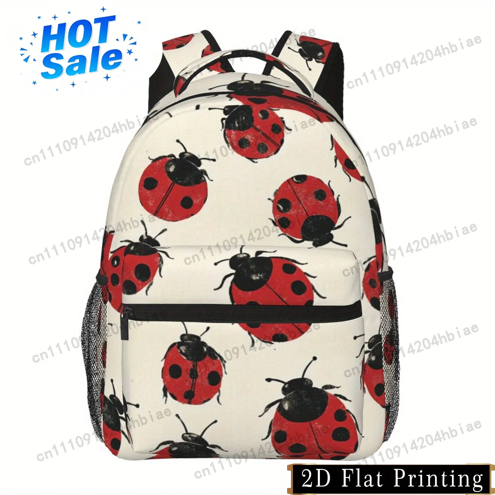 2D Flat Printing, Ladybug Print Backpack with Adjustable Straps, Multiple Compartments, Lightweight, Durable Fabric, Ideal for S