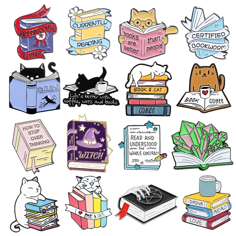 Cute Books Enamel Brooch Dog Flowers Coffee Cup Black Cat Reading Books Cartoon Badges Punk Clothing Lapel Pins Jewelry Gift New