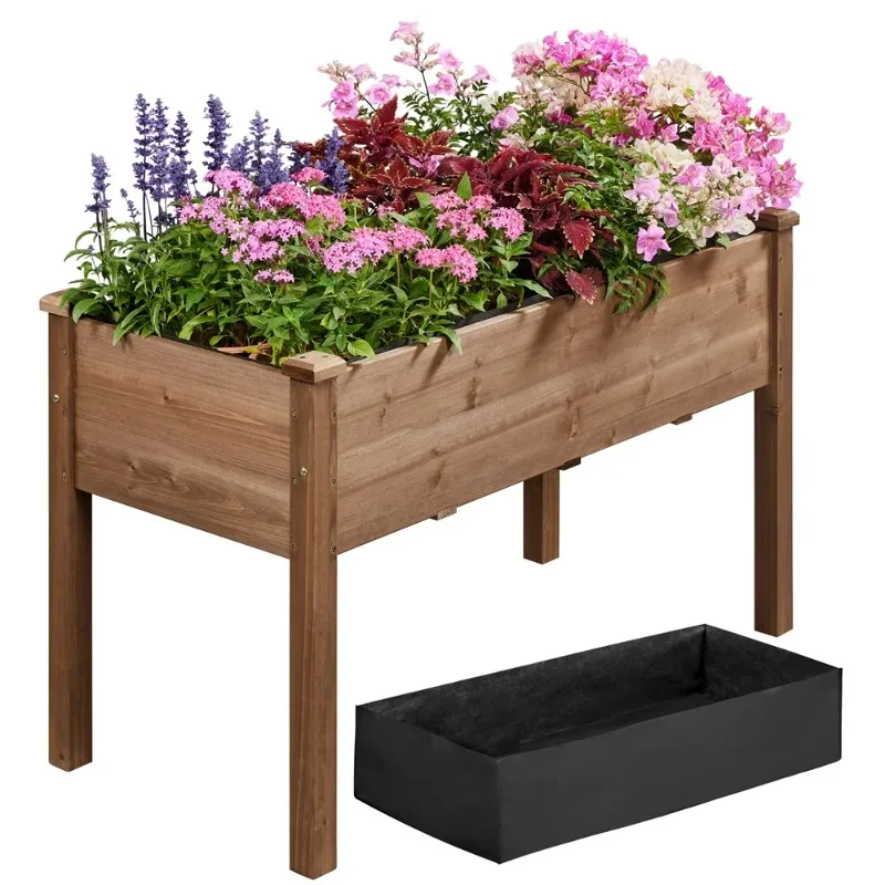 Rectangle Wood Garden Bed Raised Planters,Dark Brown,Fabric Liner & Drainage Holes,Outdoor,Assembly Required