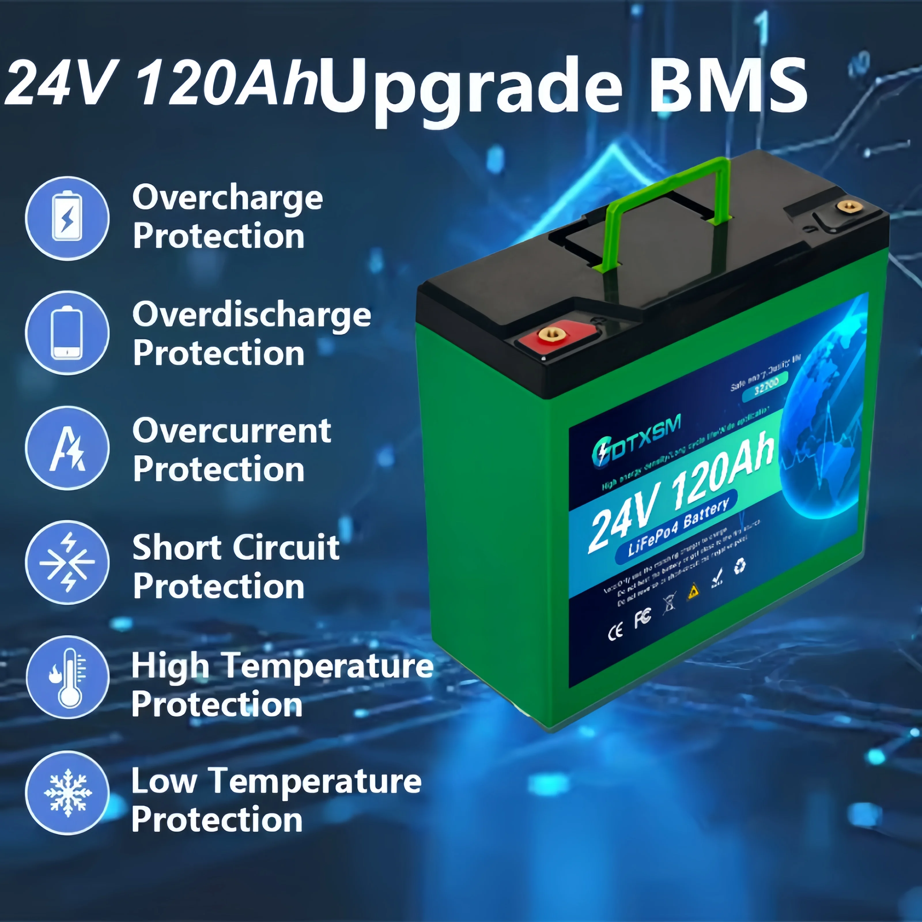 

LiFePo4 32700 24V 100Ah-120Ah lithium iron phosphate battery Built-in 200A BMS,for Solar Marine Overland Off-Grid Battery.