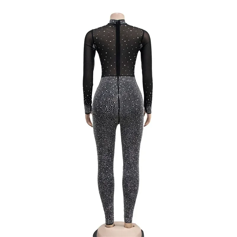 Wysokiej jakości kombinezony damskie z długim rękawem 2022 Skinny Sexy Diamonds Jumpsuits Women High Neck Mesh See Through Black Club Party Jumpsuit Rompers