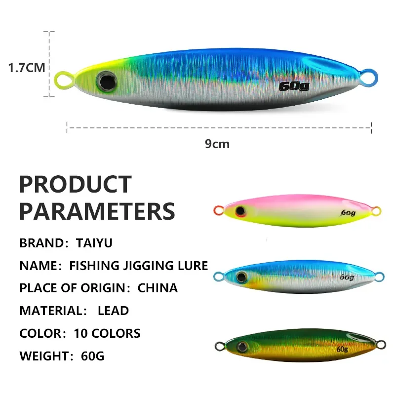 TAIYU 60g Metal Jig Fishing Lure Micro Jigging Lures Sinking Wobblers Jigs for Sea Fishing Lure Luminous Artificial Hard Bait