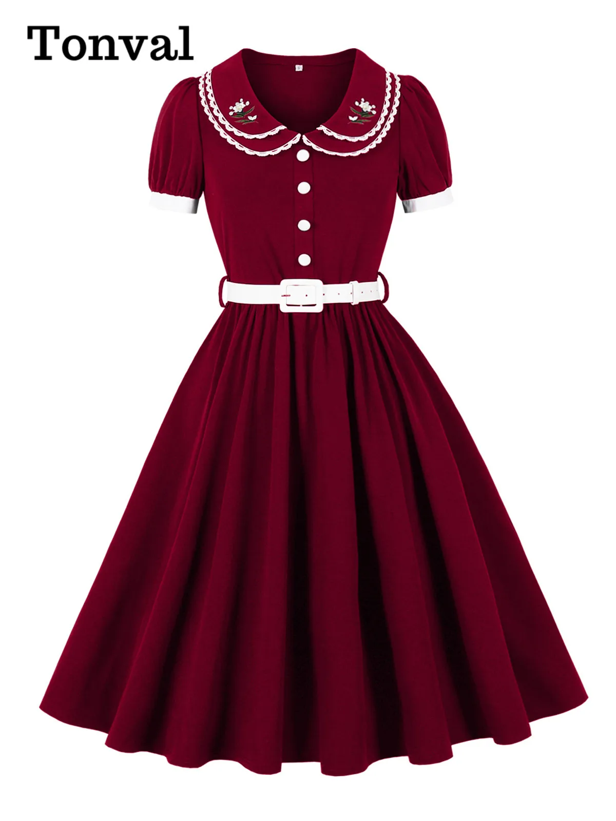 Tonval Lace Trim Embroidered Peter Pan Collar Vintage 1950s Party Clothes for Women Buttons Front Belted Midi Swing Dresses