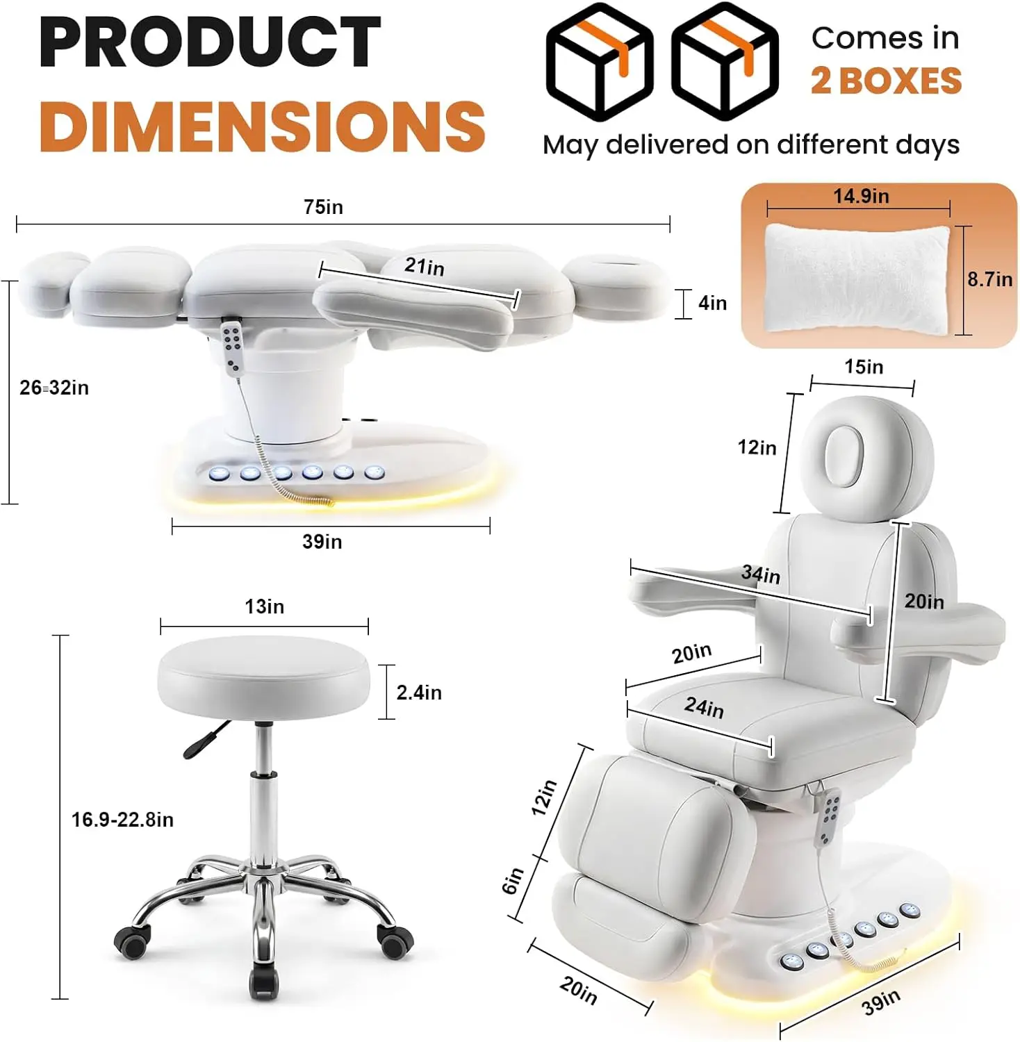 Electric Massage Table with 3 Motors, Professional Esthetician Bed with LED Light, Height, Length & Angle Adjustable Beauty
