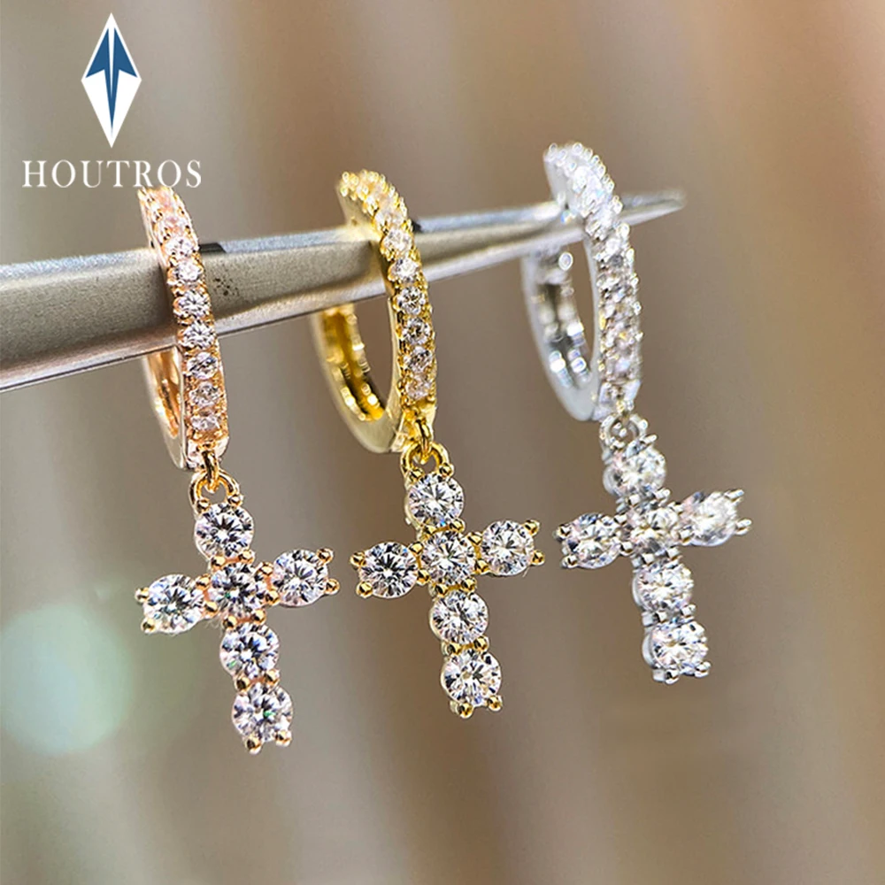 

Серьги-капли с настоящим муассанитом и крестом для женщин и мужчин, стерлинговое серебро 925 пробы, позолоченные 18 карат, висячие серьги, ювелирные изделия в стиле хип-хоп, подарки