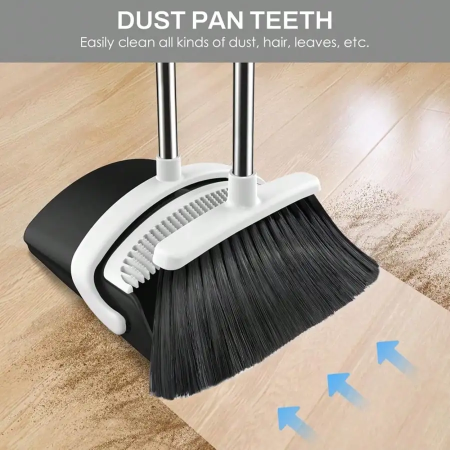 Broom and Dustpan Set, Long Adjustable Handle, Dustpan with Teeth for Hair Removal, Home Kitchen Office Hall Floor