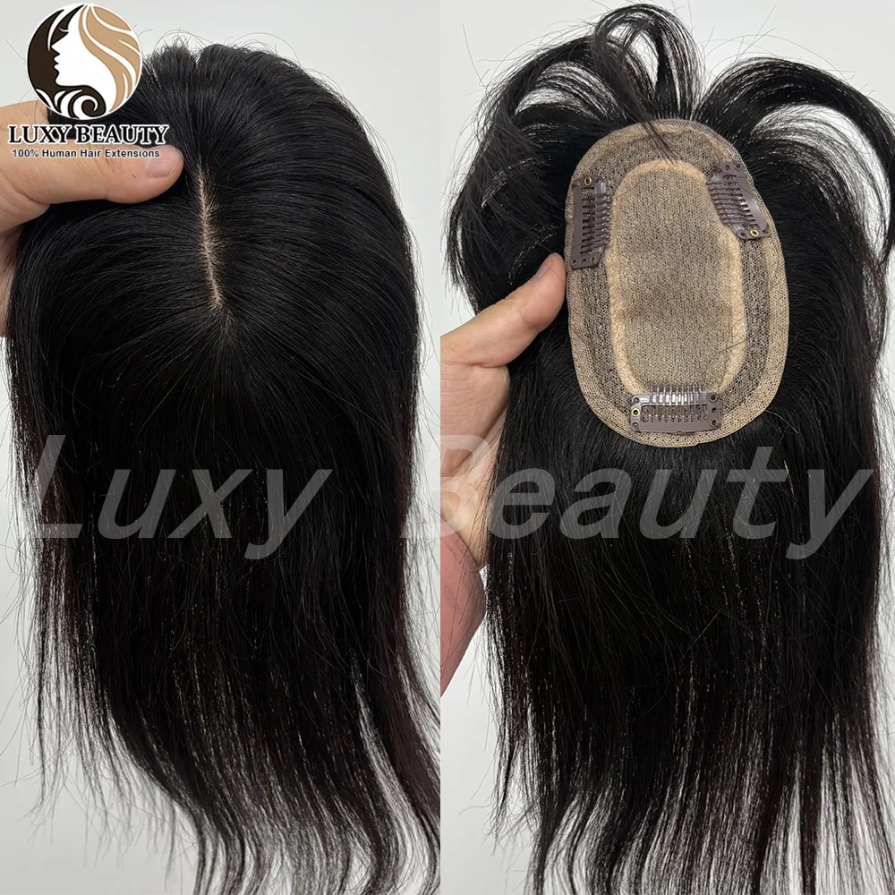Natural Black Straight Human Hair Toppers With Bangs Women 8cmX12cm Skin Scalp Brown Clip in Topper Hairpieces Human Hair Pieces