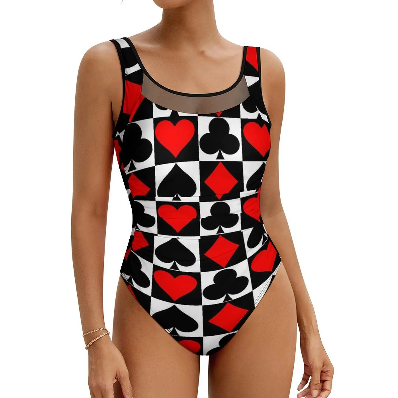 

Playing Cards Swimsuit Sexy Red Heart Print Women Swimwear One Piece Fashion Swimsuits Holiday Surf Push Up Bathing Suit