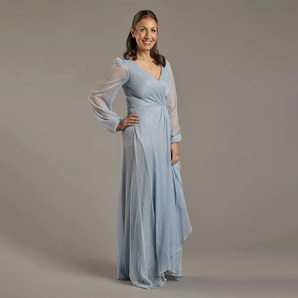 Mother Of Bride Dresses Wedding Long Sleeve Heart Neck Pleated Mesh Ruffle Mother Dress Elegant Formal Mother Of The Bride Dress