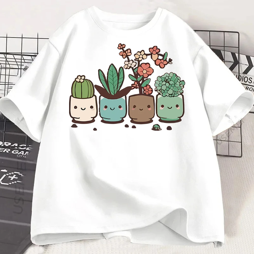 Casual T-Shirt Relaxed Fit Women's Fashion Short Sleeve T-Shirt Cactus Print Round Neck Tee Daily for Summer Woman Clothing