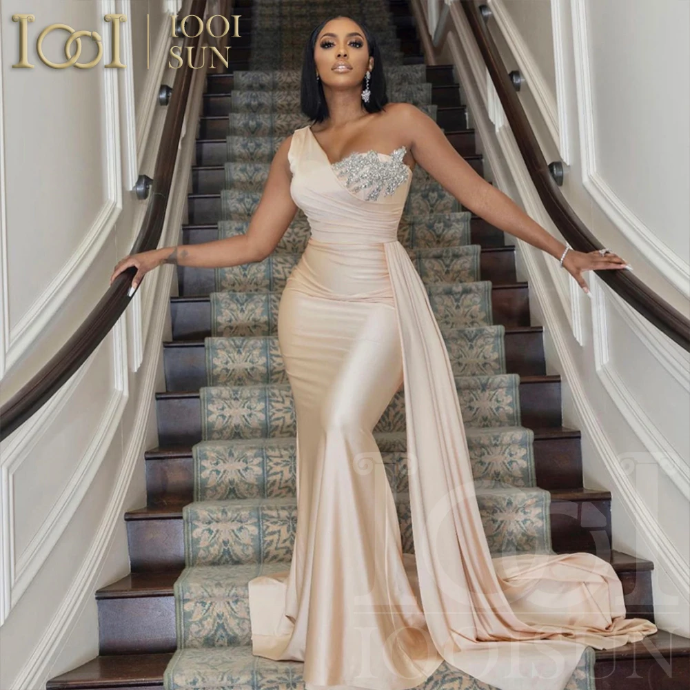 IOOISUN Elegant Champagne Bridesmaid Dress Beaded Crystal One Shoulder Wedding Party Gown Long Fomal Party Dresses Customized  image 3