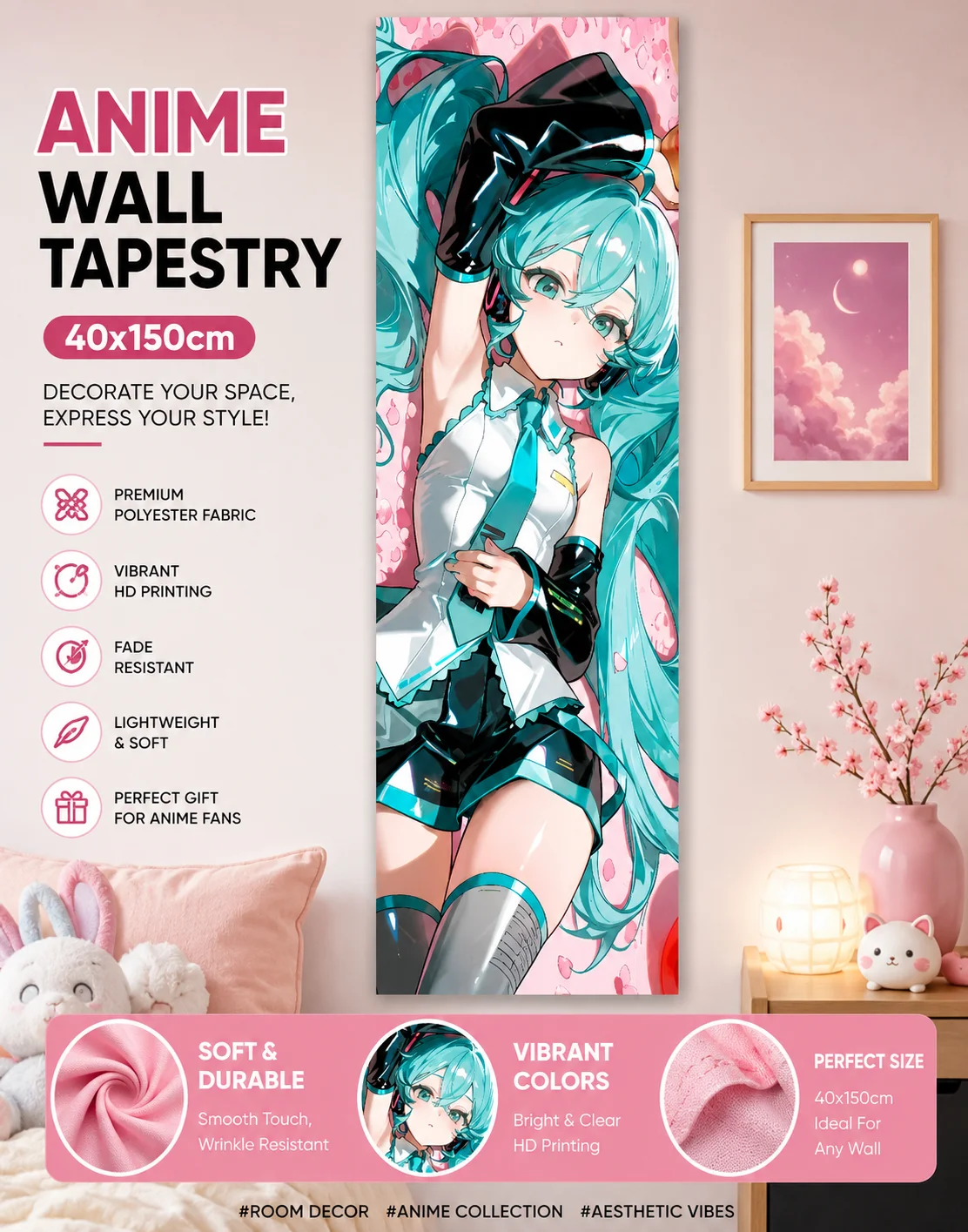Tapisserie verticale Hatsune Miku, fond de pétale de cœur rose, décoration murale longue de style anime Vocaloid pour chambre à coucher