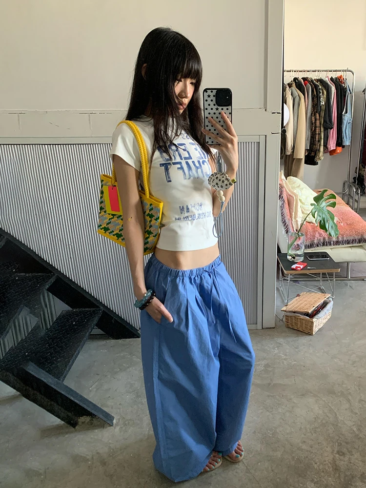Dopamine Blue Casual Pants Women's Summer Design Sense Drawstring Loose Straight Leg Wide Leg Pants Draping Long Pants