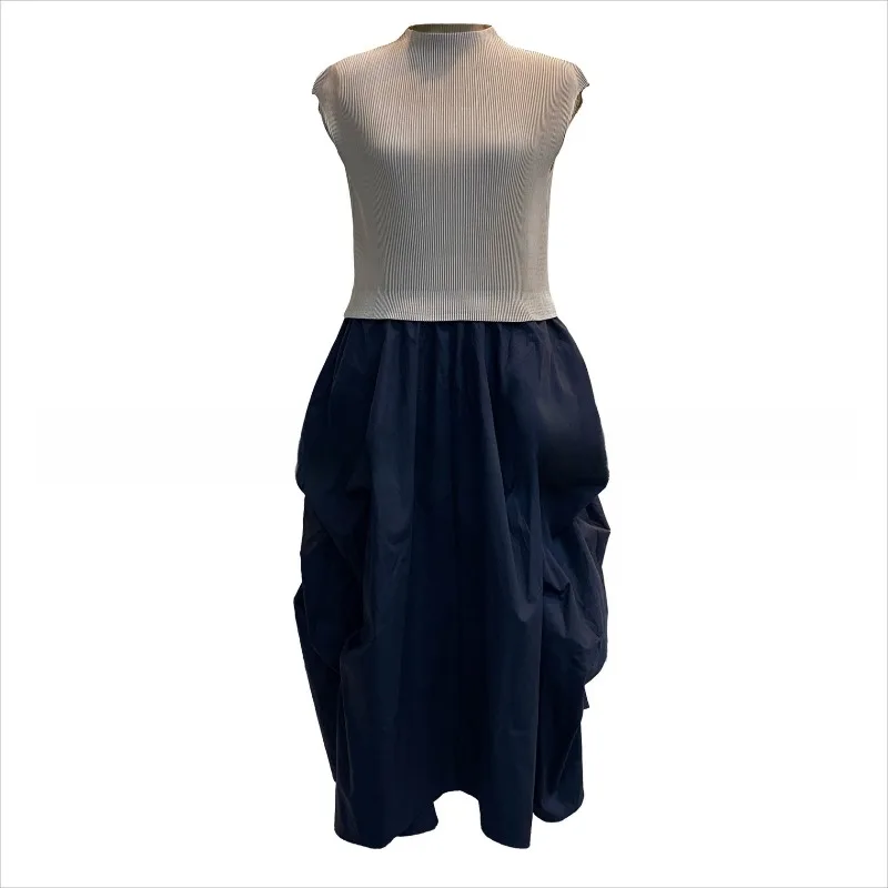 Miyake Pleated Women's Dress Sleeveless Vest Long Elegant Temperament Loose Waist Irregular Large Hem Flower Pod Skirt