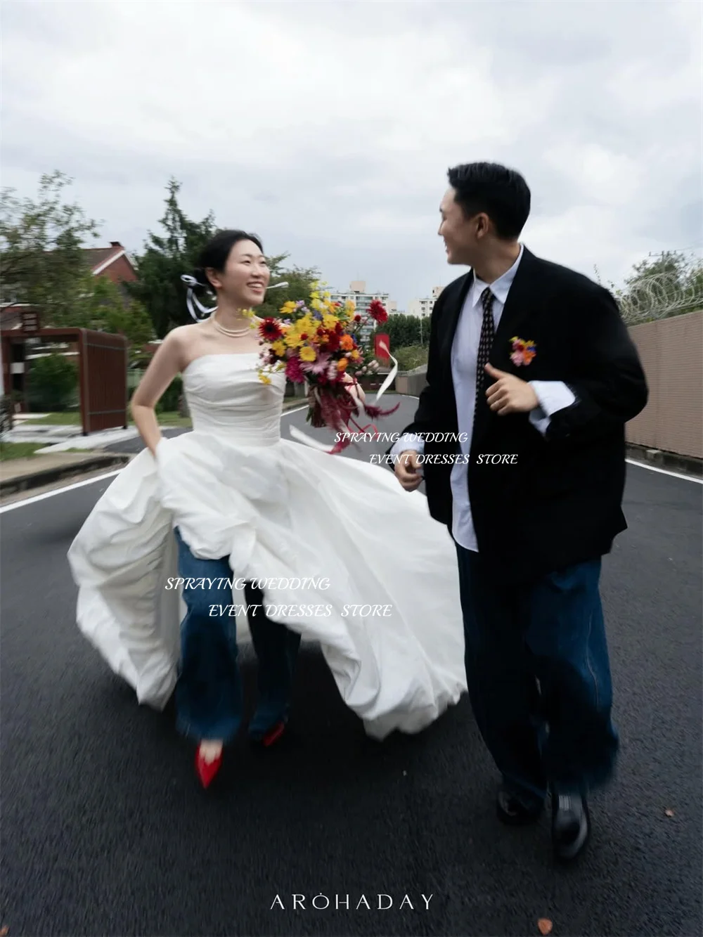 SPRAYING – robe de mariée en taffetas, sans bretelles, ivoire, séance Photo coréenne, ligne A Simple, longue, Corset personnalisé
