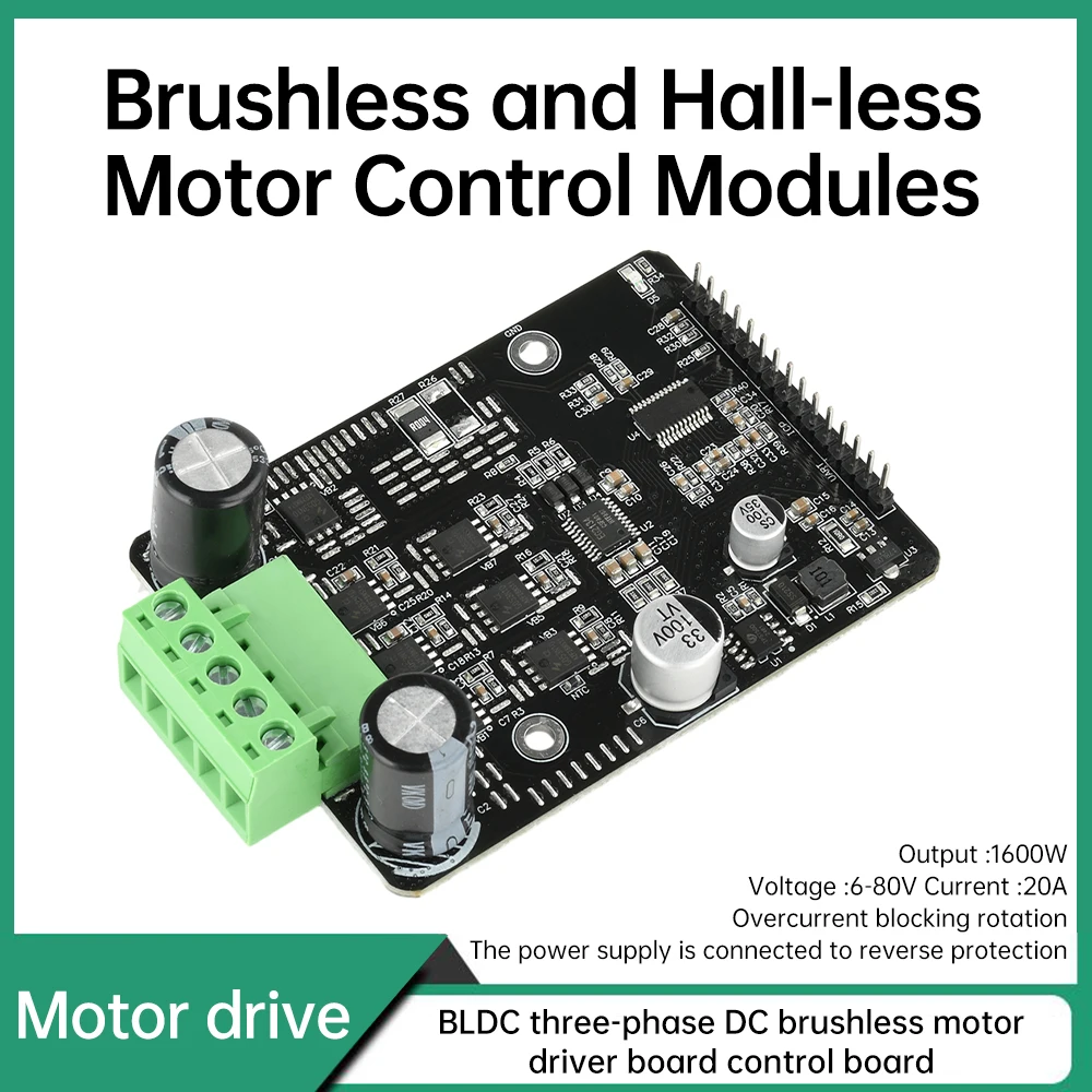 DC 6-80V 1600W Brushless Motor Controller with SNR8503M Chip, 50A Max Current & Hall Sensor-Free Design for Industrial Pumps